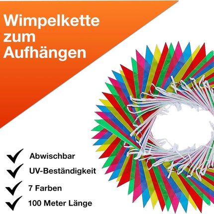 100 Meter Wimpelkette bunt - XXL Girlande aus Stoff in bunten Farben zu Deko für Party & Dekoration Indoor & Outdoor