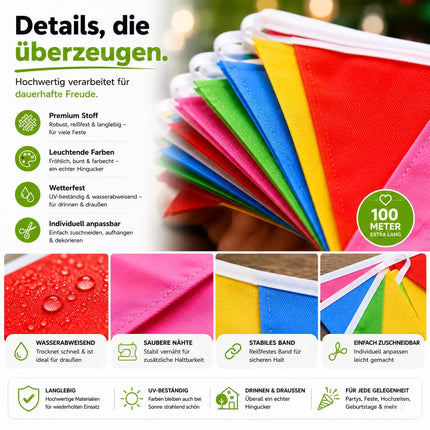 100 Meter Wimpelkette bunt - XXL Girlande aus Stoff in bunten Farben zu Deko für Party & Dekoration Indoor & Outdoor