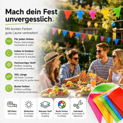 100 Meter Wimpelkette bunt - XXL Girlande aus Stoff in bunten Farben zu Deko für Party & Dekoration Indoor & Outdoor