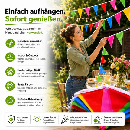 100 Meter Wimpelkette bunt - XXL Girlande aus Stoff in bunten Farben zu Deko für Party & Dekoration Indoor & Outdoor