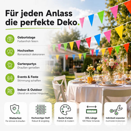 100 Meter Wimpelkette bunt - XXL Girlande aus Stoff in bunten Farben zu Deko für Party & Dekoration Indoor & Outdoor