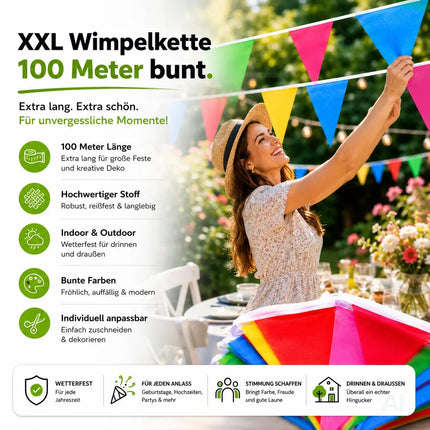 100 Meter Wimpelkette bunt - XXL Girlande aus Stoff in bunten Farben zu Deko für Party & Dekoration Indoor & Outdoor