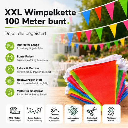 100 Meter Wimpelkette bunt - XXL Girlande aus Stoff in bunten Farben zu Deko für Party & Dekoration Indoor & Outdoor