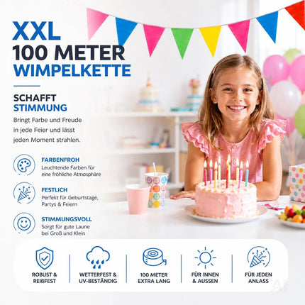 100 Meter XXL Wimpelkette bunt - Innen & Draußen Banner - Girlande für Garten & Party - Deko & Dekoration