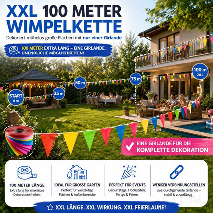 100 Meter XXL Wimpelkette bunt - Innen & Draußen Banner - Girlande für Garten & Party - Deko & Dekoration