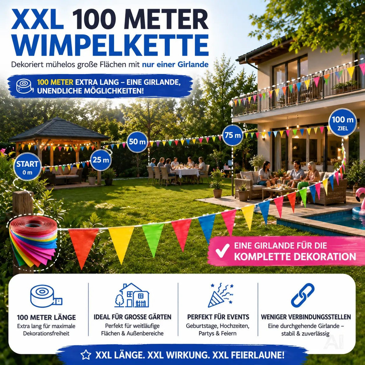 100 Meter XXL Wimpelkette bunt - Innen & Draußen Banner - Girlande für Garten & Party - Deko – Detailansicht 3