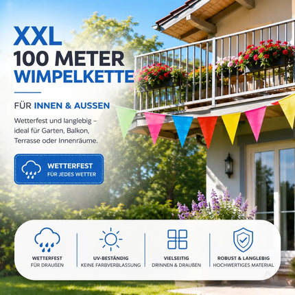 100 Meter XXL Wimpelkette bunt - Innen & Draußen Banner - Girlande für Garten & Party - Deko & Dekoration