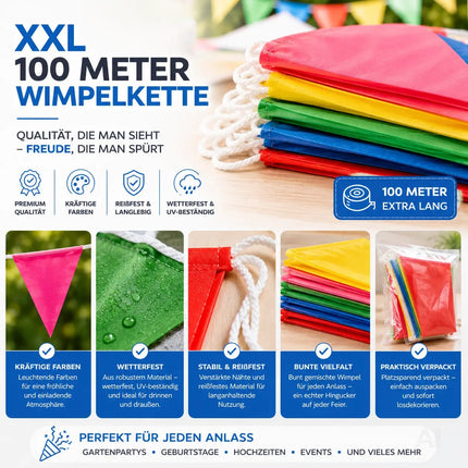 100 Meter XXL Wimpelkette bunt - Innen & Draußen Banner - Girlande für Garten & Party - Deko & Dekoration