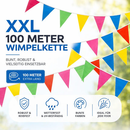 100 Meter XXL Wimpelkette bunt - Innen & Draußen Banner - Girlande für Garten & Party - Deko & Dekoration