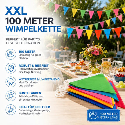 100 Meter XXL Wimpelkette bunt - Innen & Draußen Banner - Girlande für Garten & Party - Deko & Dekoration