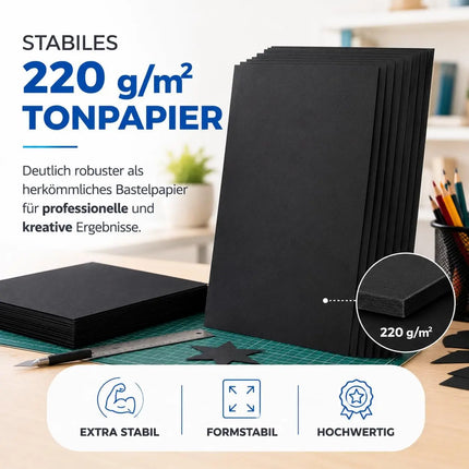 100x Blatt Tonpapier Schwarz DIN A4 220 g/m² – Bastelpapier, Buntpapier & Tonkarton für Drucker, Schule und DIY-Projekte (100x Tonpapier Schwarz)