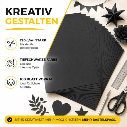 100x Blatt Tonpapier Schwarz DIN A4 220 g/m² – Bastelpapier, Buntpapier & Tonkarton für Drucker, Schule und DIY-Projekte (100x Tonpapier Schwarz)