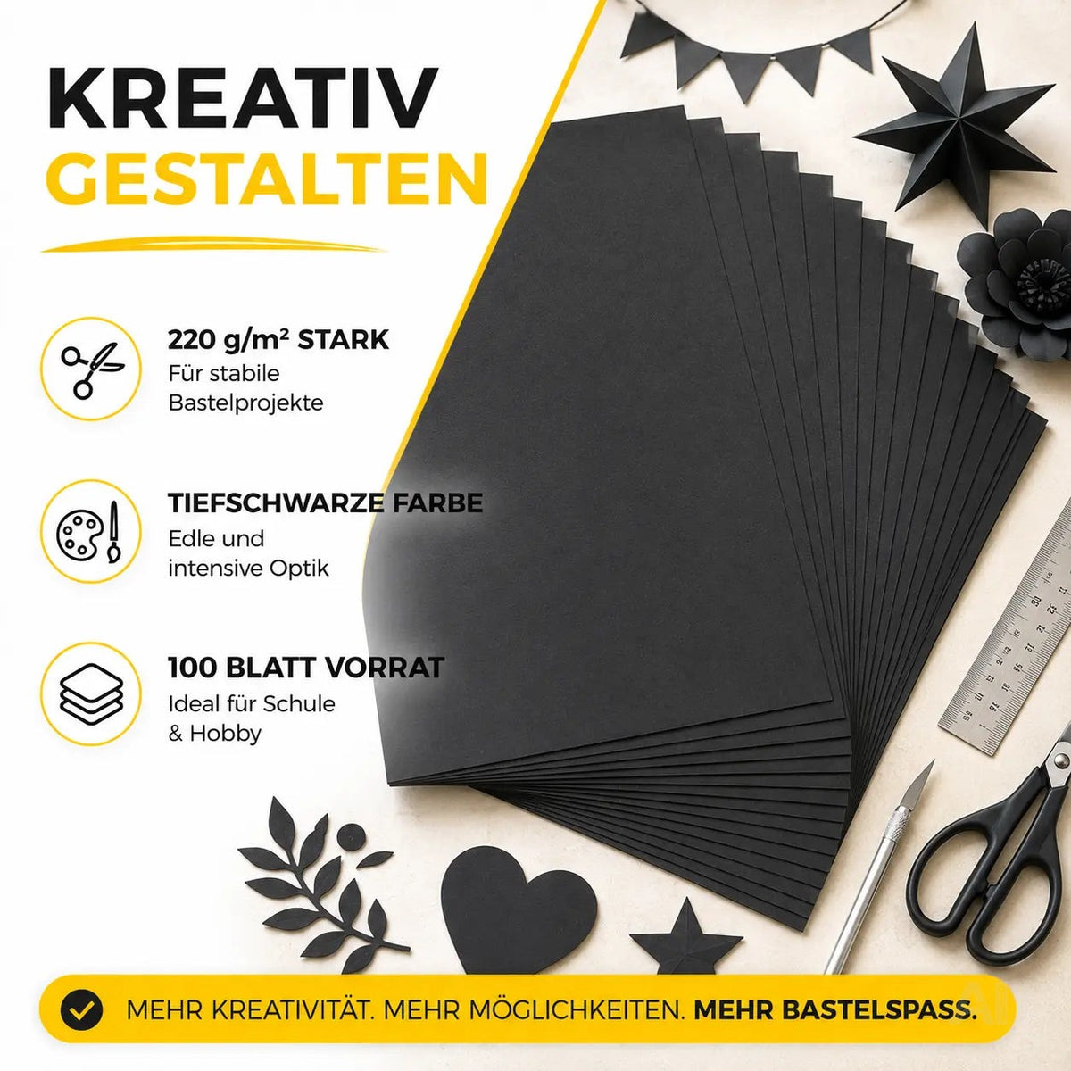 100x Blatt Tonpapier Schwarz DIN A4 220 g/m² – Bastelpapier, Buntpapier & Tonkarton für Drucker – Verpackung 2