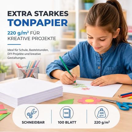 100x Blatt Tonpapier Weiß DIN A4 220 g/m² – Bastelpapier, Buntpapier & Tonkarton für Drucker, Schule und DIY-Projekte (100x Tonpapier weiß)