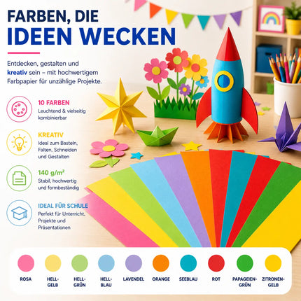 100x Buntes Papier - 140 gsm Bastelpapier Tonpapier Buntpapier 140 g/m²