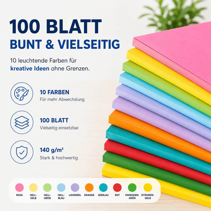 100x Buntes Papier - 140 gsm Bastelpapier Tonpapier Buntpapier 140 g/m²
