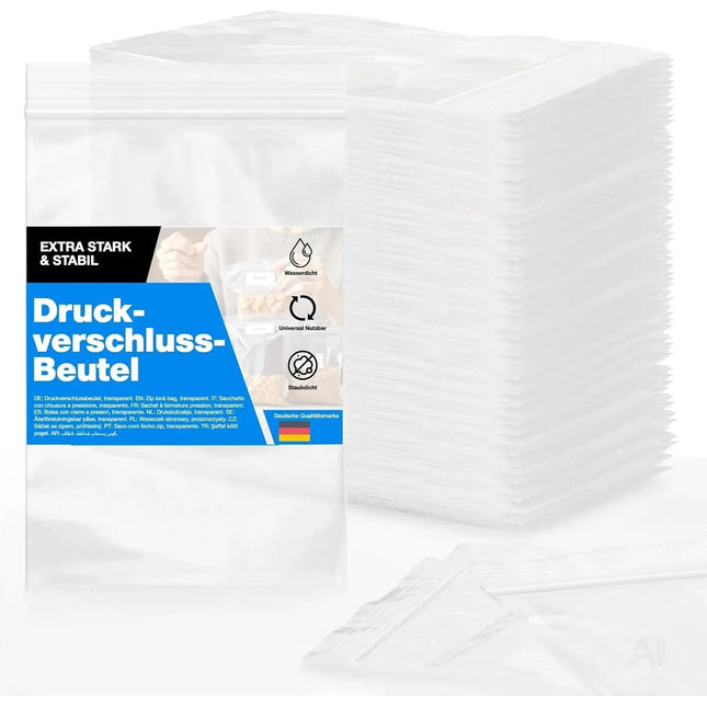 100x Druckverschlussbeutel Zip Set Baggys Baggies - reißfest & transparent Plastikbeutel Plastiktüten Polybag Zipper Ziplock Beutel klein & groß (8x12cm)