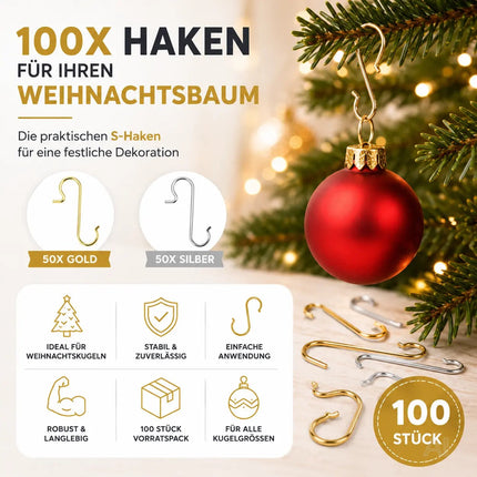 100x Haken Weihnachtsbaum Baumhaken Aufhänger Gold & Silber – Detailansicht 2