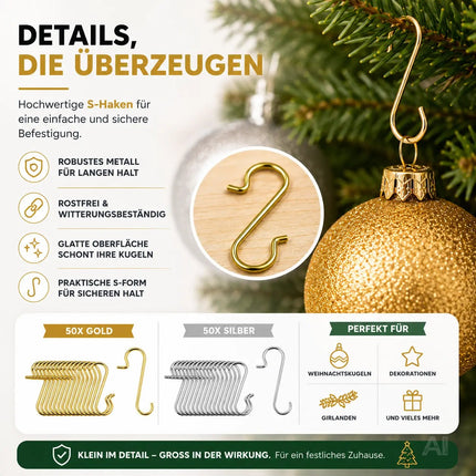 100x Haken Weihnachtsbaum Baumhaken Aufhänger Gold & Silber – Detailansicht 8