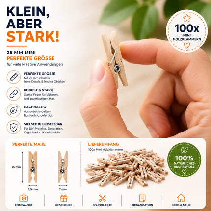 100x Holzklammern 25 mm Mini, Wäscheklammern - Kleine Klammern aus nachhaltigem Holz