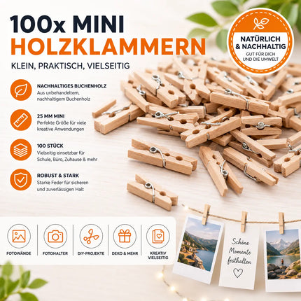 100x Holzklammern 25 mm Mini, Wäscheklammern - Kleine Klammern aus nachhaltigem Holz