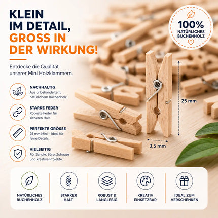 100x Holzklammern 25 mm Mini, Wäscheklammern - Kleine Klammern aus nachhaltigem Holz
