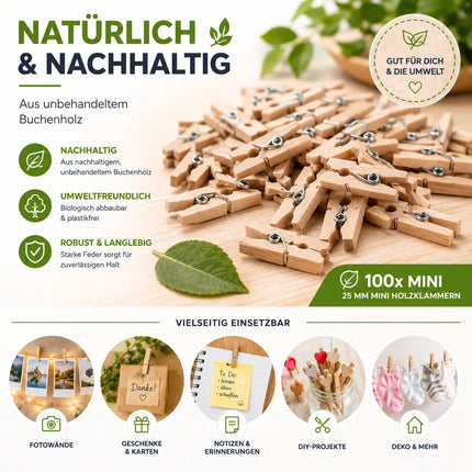 100x Holzklammern 25 mm Mini, Wäscheklammern - Kleine Klammern aus nachhaltigem Holz