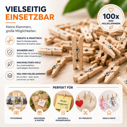 100x Holzklammern 25 mm Mini, Wäscheklammern - Kleine Klammern aus nachhaltigem Holz