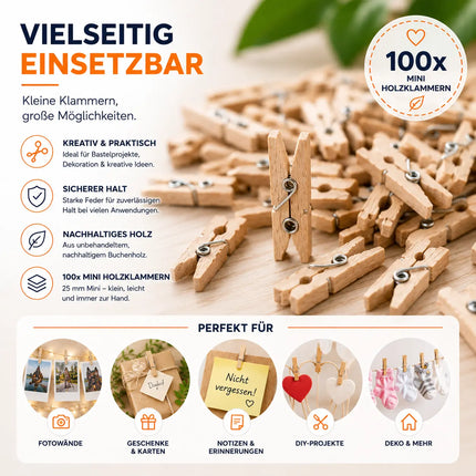 100x Holzklammern 25 mm Mini, Wäscheklammern - Kleine Klammern aus nachhaltigem Holz