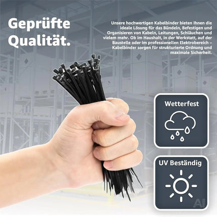 100x Kabelbinder schwarz 200 mm x 3,6 mm Cable Ties Set - kurz & lang - Zip ties reißfest & UV beständig - diverse Längen