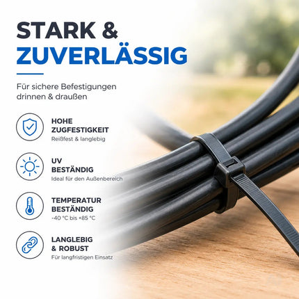 100x Kabelbinder schwarz 250 mm x 4,8 mm Cable Ties Set - kurz & lang - Zip ties reißfest & UV beständig - diverse Längen