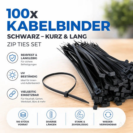 100x Kabelbinder schwarz 250 mm x 4,8 mm Cable Ties Set - kurz & lang - Zip ties reißfest & UV beständig - diverse Längen