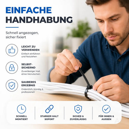 100x Kabelbinder schwarz 250 mm x 4,8 mm Cable Ties Set - kurz & lang - Zip ties reißfest & UV beständig - diverse Längen
