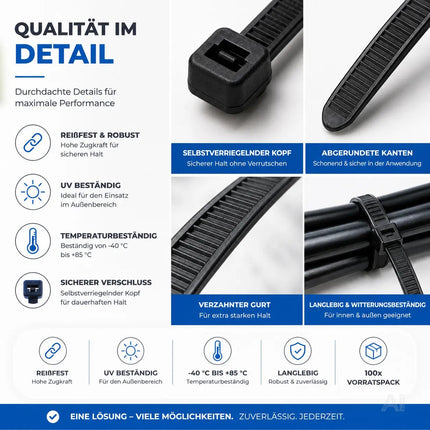 100x Kabelbinder schwarz 250 mm x 4,8 mm Cable Ties Set - kurz & lang - Zip ties reißfest & UV beständig - diverse Längen