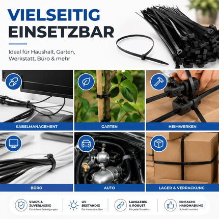 100x Kabelbinder schwarz 250 mm x 4,8 mm Cable Ties Set - kurz & lang - Zip ties reißfest & UV beständig - diverse Längen