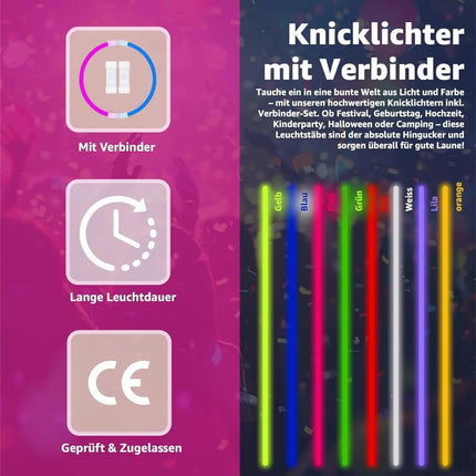 100x Knicklichter bunt – extra helle Glow Sticks mit Verbindern für Party, Silvester, Festival & Geburtstag – Leuchtstäbe mit langer Leuchtdauer
