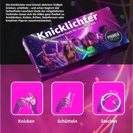 100x Knicklichter bunt – extra helle Glow Sticks mit Verbindern für Party, Silvester, Festival & Geburtstag – Leuchtstäbe mit langer Leuchtdauer
