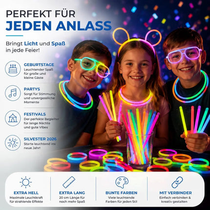 100x Knicklichter bunt – extra helle Glow Sticks mit Verbindern für Party, Silvester, Festival & Geburtstag – Leuchtstäbe mit langer Leuchtdauer