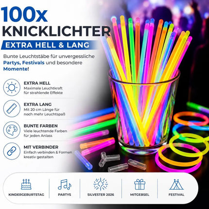 100x Knicklichter bunt – extra helle Glow Sticks mit Verbindern für Party, Silvester, Festival & Geburtstag – Leuchtstäbe mit langer Leuchtdauer