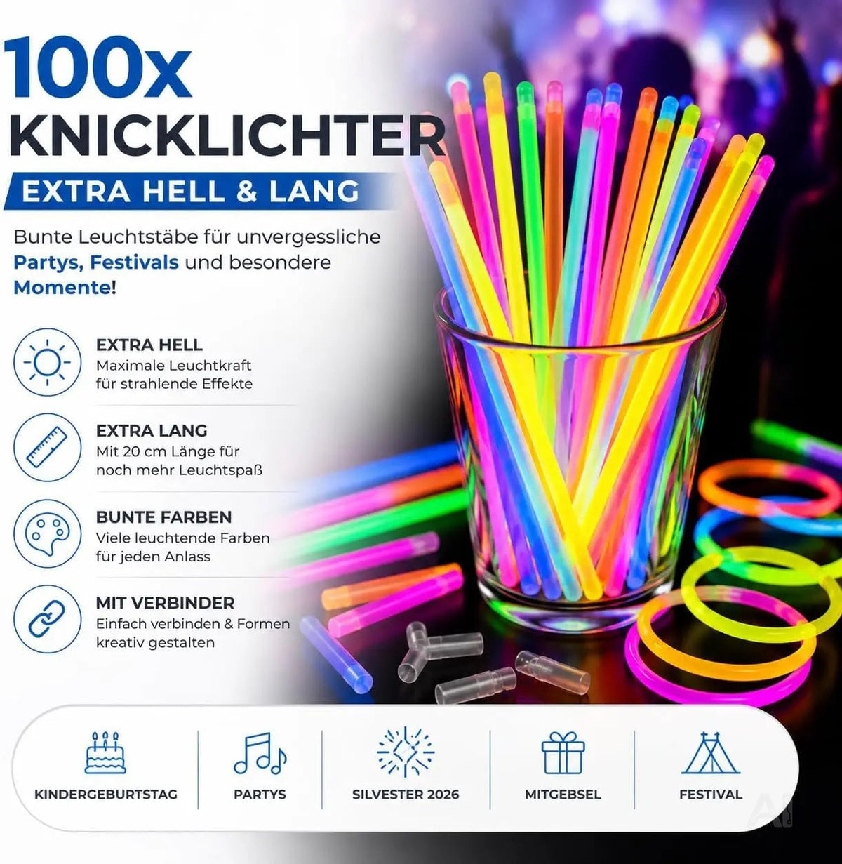100x Knicklichter bunt – extra helle Glow Sticks mit Verbindern für Party, Silvester, Festival – Detailansicht 3