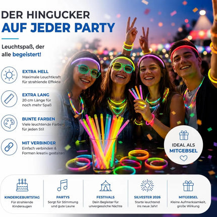 100x Knicklichter bunt – extra helle Glow Sticks mit Verbindern für Party, Silvester, Festival & Geburtstag – Leuchtstäbe mit langer Leuchtdauer