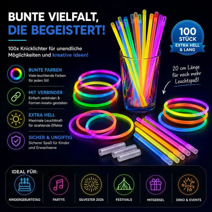 100x Knicklichter bunt – extra helle Glow Sticks mit Verbindern für Party, Silvester, Festival & Geburtstag – Leuchtstäbe mit langer Leuchtdauer