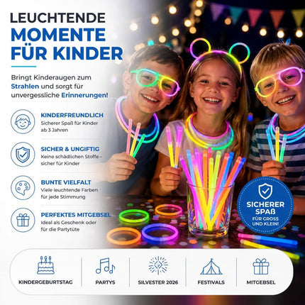 100x Knicklichter bunt – extra helle Glow Sticks mit Verbindern für Party, Silvester, Festival & Geburtstag – Leuchtstäbe mit langer Leuchtdauer
