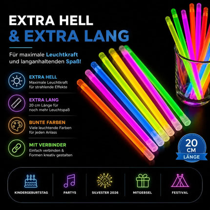 100x Knicklichter bunt – extra helle Glow Sticks mit Verbindern für Party, Silvester, Festival & Geburtstag – Leuchtstäbe mit langer Leuchtdauer