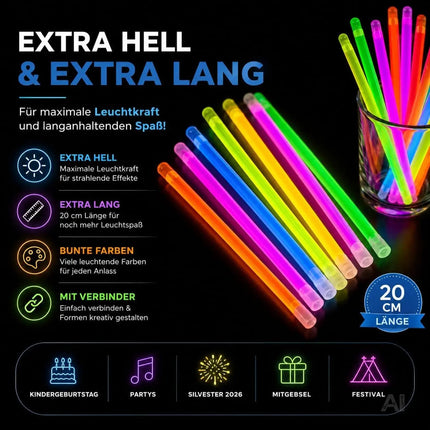 100x Knicklichter bunt – extra helle Glow Sticks mit Verbindern für Party, Silvester, Festival & Geburtstag – Leuchtstäbe mit langer Leuchtdauer