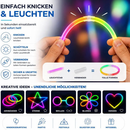 100x Knicklichter bunt – extra helle Glow Sticks mit Verbindern für Party, Silvester, Festival & Geburtstag – Leuchtstäbe mit langer Leuchtdauer