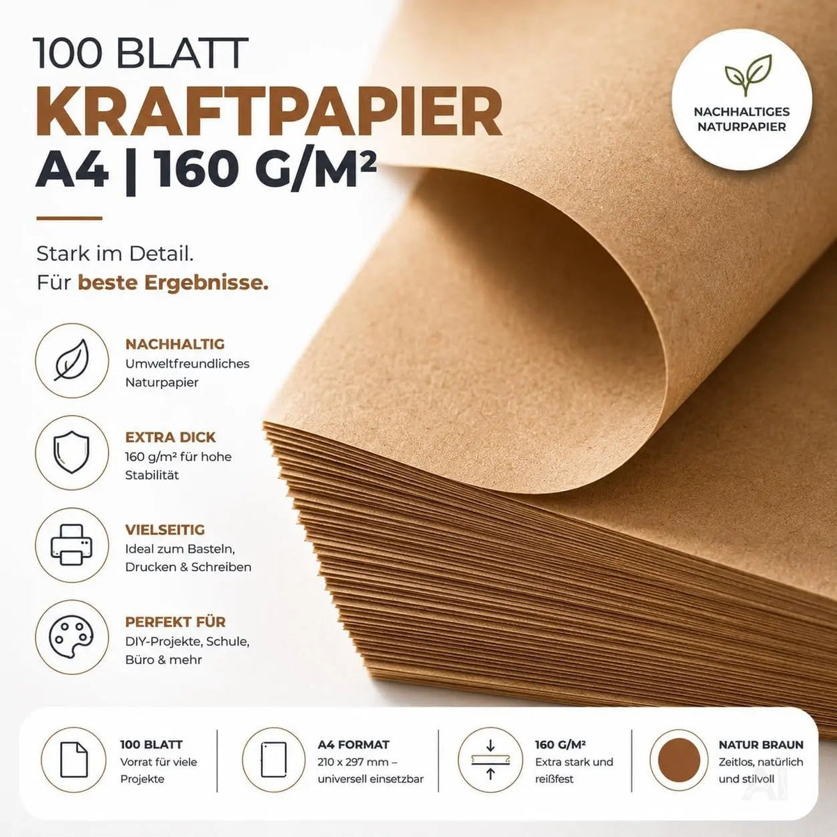 100x Kraftpapier braun 160 g/m² aus Nachhaltigen Naturpapier - zum Basteln & Drucker geeignet – Verpackung 3