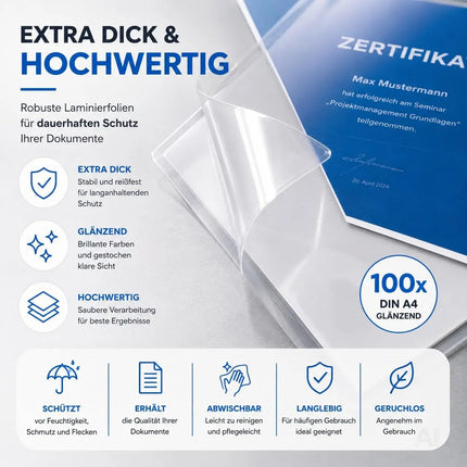 100x Laminierfolien DIN A4 – Extra dicke Laminiertaschen transparent glänzend – Folien – Detailansicht 2