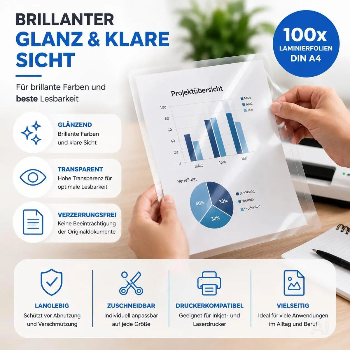 100x Laminierfolien DIN A4 – Extra dicke Laminiertaschen transparent glänzend – Folien – Detailansicht 3