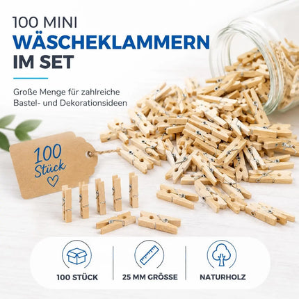 100x Mini-Holzklammer Wäscheklammern, 25 mm: Mini Holzwäscheklammern - Ideal für Fotowände, Fotohalter & DIY-Vorhaben